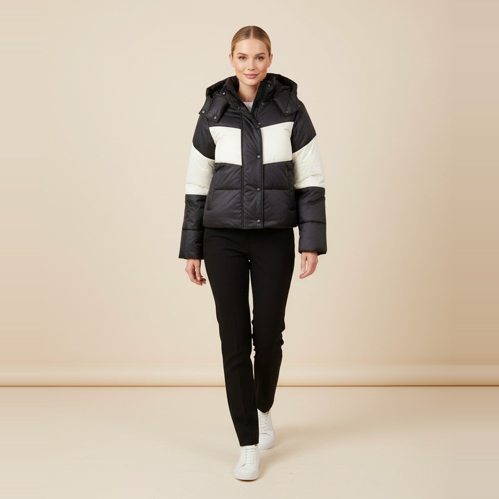 Spiritual Gangster NWT Aero Puffer Jacket Womens M Black Cream Colorblock Hooded